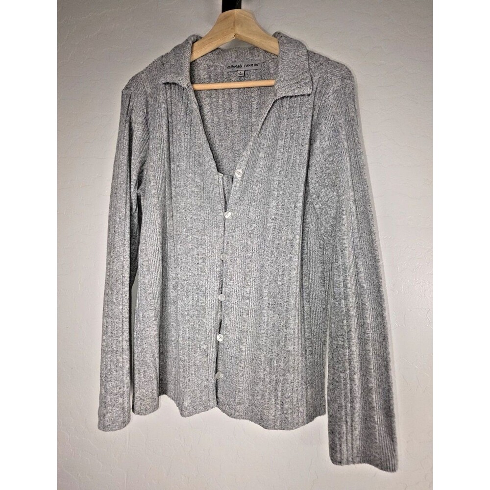 Absolutely Famous Ribbed, Button-Front Collared Sweater, Gray